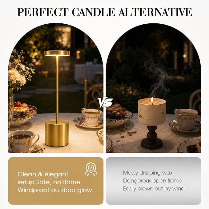 AUDLES Gold Cordless Table Lamps Set of 2, Brass Rechargeable Lamp, Battery Operated Lamps for Wedding Centerpiece & Holiday Tablescape, Touch Dimmable Glam Bedroom Nightstand Lamp, IP54 Waterproof - Image 2