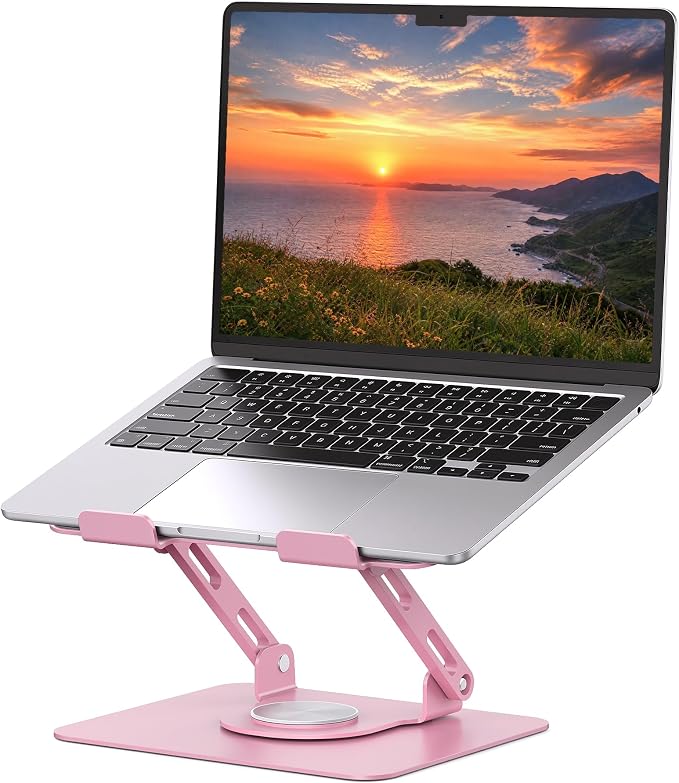 SOUNDANCE 360 Rotating Laptop Stand, Ergonomic Computer Riser for Desk, Adjustable Height Multi-Angle Metal Holder, Foldable Portable Notebook Elevating Base for Office & Home, Pink by Soundance