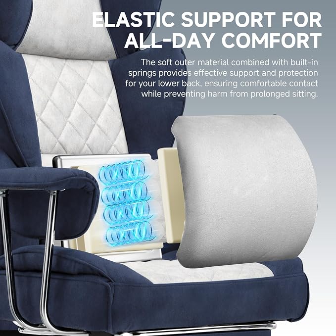 GTPLAYER Gaming Chair,Office Chair with Pocket Spring Lumbar Support, Ergonomic Comfortable Wide Office Desk Computer Chair with Outward Fixed Soft Armrests and Footrest (Fabric, Dark Blue & White) - Image 4