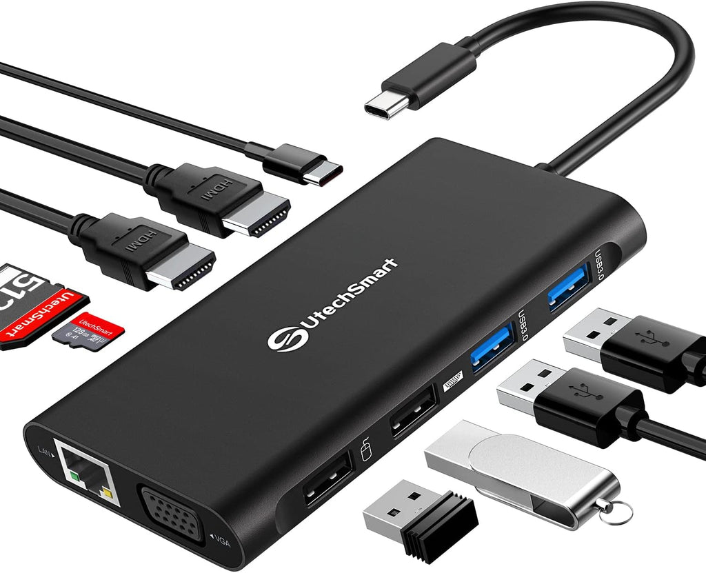 UtechSmart Triple Monitor USB-C Laptop Docking Station 11-in-1 Dock (Black) by UtechSmart