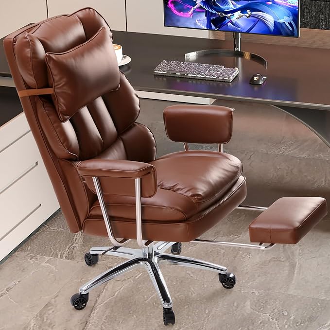 DUMOS Ergonomic Home Office Desk Chair, Executive Chair, PU Leather | Big Tall High Back, Lumbar Support, Reclining Height Adjustable, Computer Gaming, Footrest Swivel Wheels, Brown - Image 9