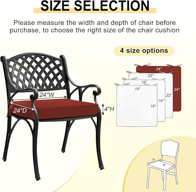 downluxe Waterproof Outdoor Chair Cushions for Patio Furniture, 24" x 24" x 4" Patio Chair Cushion with Adjustable Ties & Portable Handle, Square Outdoor Cushion with Removable Cover, Orange, 2 Pack - Image 6