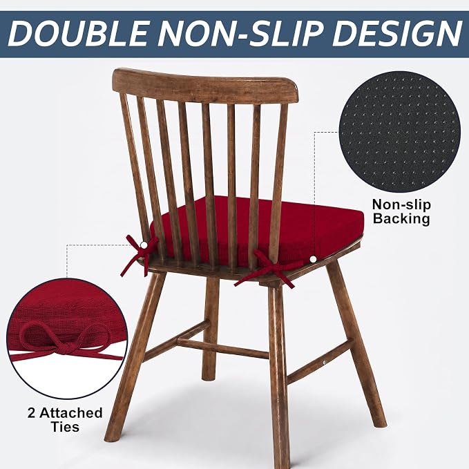 Basic Beyond Chair Cushions for Dining Chairs with Ties and Removable Cover, 2" Thick Seat Cushions for Kitchen Chairs, Set of 6, 17" x 16", Red - Image 3
