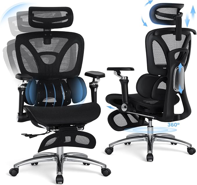 MALOL Ergonomic Office Chair, 400lbs High Back Mesh Desk Chair with 6D Armrests, 3D Headrest, Adjustable Lumbar Support, Seat Depth Adjustment, Tilt Lock, Metal Base & PU Wheels, Black by MALOL