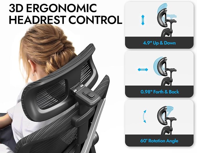 Ergonomic Office Chair: Mesh Desk Chair Comfy with Headrest& Lumbar Support | Ergalithic Big and Tall Office Chairs with Wheels & Flip-Up Arms-Computer Gaming Chairs for Adults Home Office Chairs(Black) - Image 5