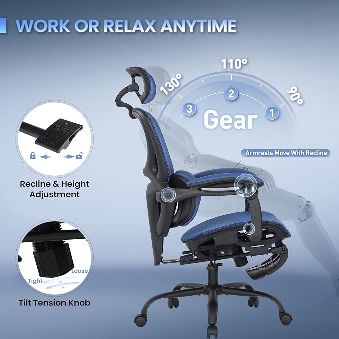 MALOL Ergonomic Mesh Office Chair with Footrest, Executive High Back Computer Desk Chair with 3D Adjustable Headrest & 5-Level Lumbar Support, Track Armrest, Tilt Lock, 300LBS, Blue - Image 5
