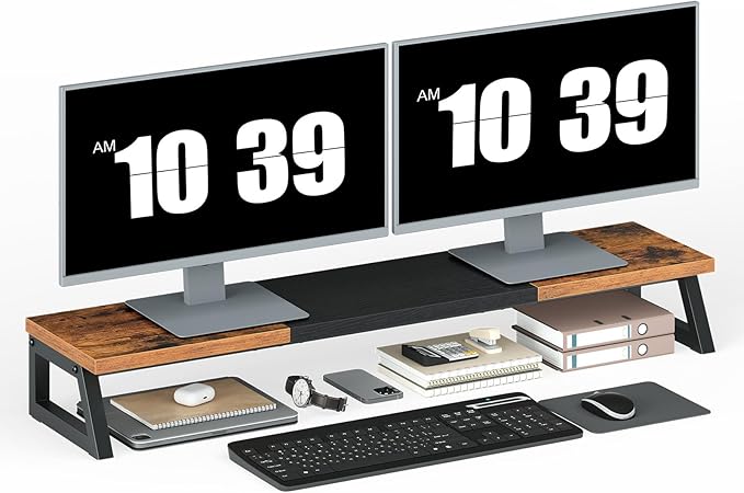 HOOBRO Dual Monitor Stand Riser, 39 Inch Large Computer Monitor Stand for 2 Monitors, Computer Monitor Riser, Desk Shelf Organizer for Office Desk, Accessories, Rustic Brown and Black BF121CJ01 by HOOBRO