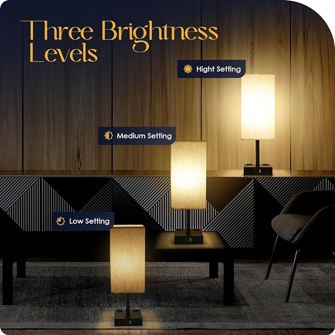 Bedside Table Lamps Set of 2 - Touch Nightstand Lamp for Bedroom with USB C+A Charging Ports & AC Outlets, 3-Way Dimmable Desk Lamp Flaxen Fabric Shade for Living Room Office(Bulb Included) - Image 4