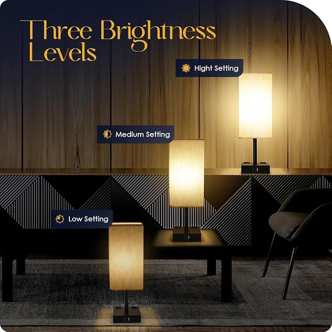 Bedside Table Lamp for Bedroom - Touch Small Lamp with USB C+A Charging Ports & AC Outlets, 3 Way Dimmable Nightstand Light for Living Room (LED Bulb Included, Flaxen) - Image 4