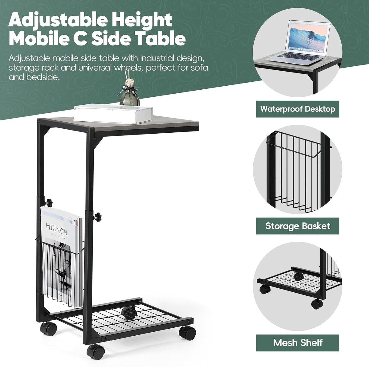 C Shaped End Table with Wheels - Image 4