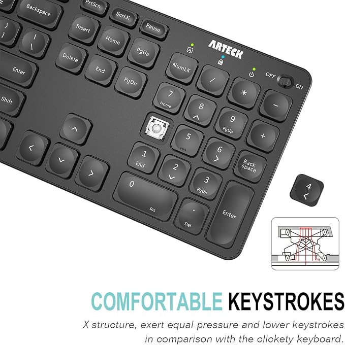 Arteck 2.4G Wireless Keyboard Ultra Slim Full Size Keyboard with Numeric Keypad and Media Hotkey for Computer/Desktop/PC/Laptop/Surface/Smart TV and Windows 10/8/ 7 Built-in Rechargeable Battery - Image 3