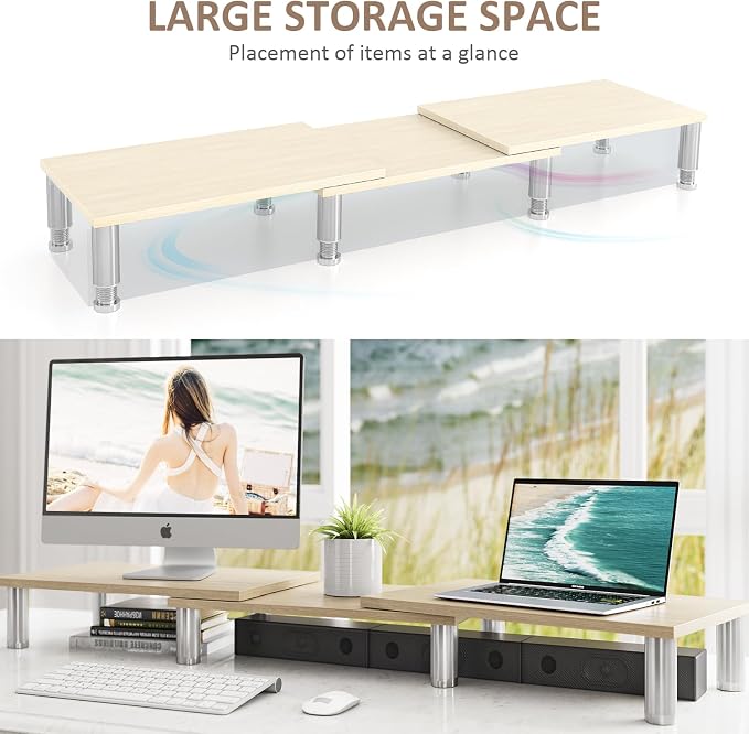 Dual Monitor Riser - Adjustable Length & Angle, Wooden Stand for 2 Monitors with Storage - Image 3