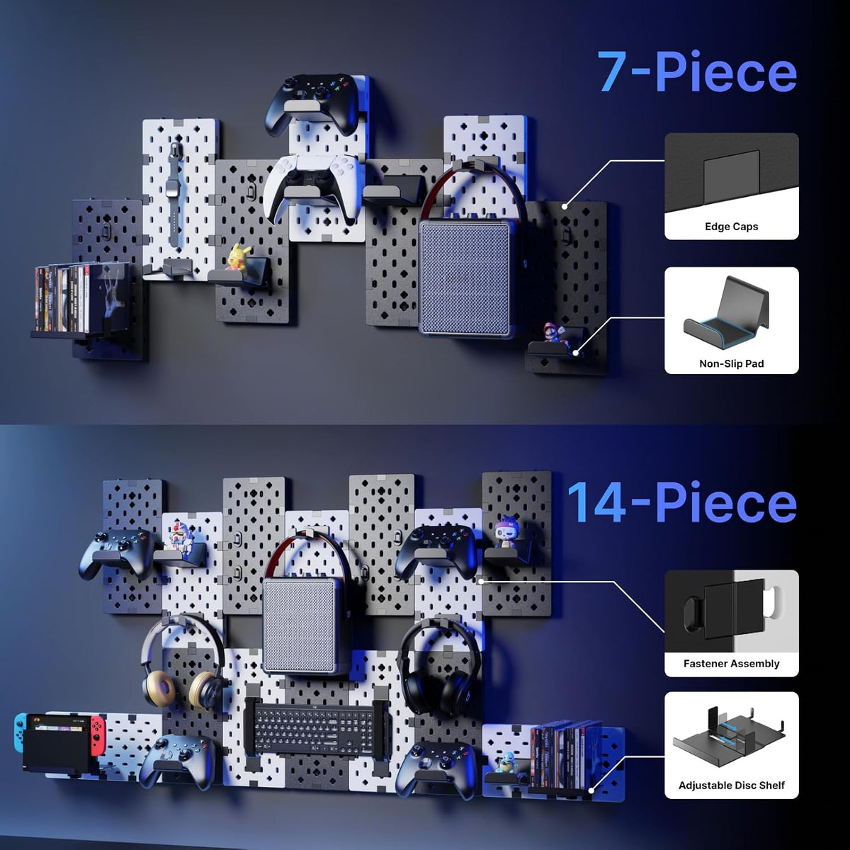 PEGZONE Controller and Headphone Holder Wall Mount, 7pcs, Black & White - Image 3