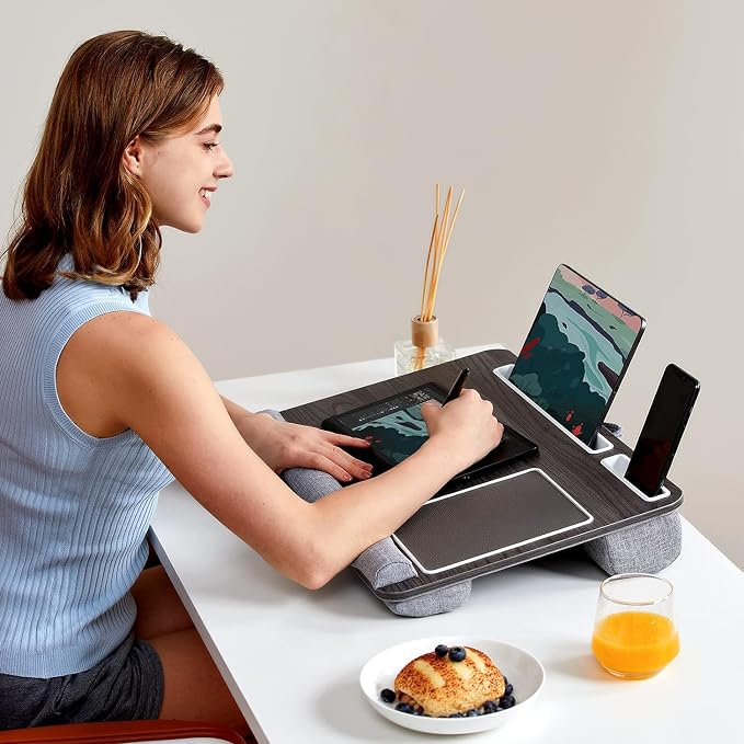 HUANUO Lap Desk - Fits up to 17 inches Laptop Desk, Built in Mouse Pad & Wrist Pad for Notebook, Laptop, Tablet, Lap Stand with Tablet, Pen & Phone Holder, Black Woodgrain - Image 6