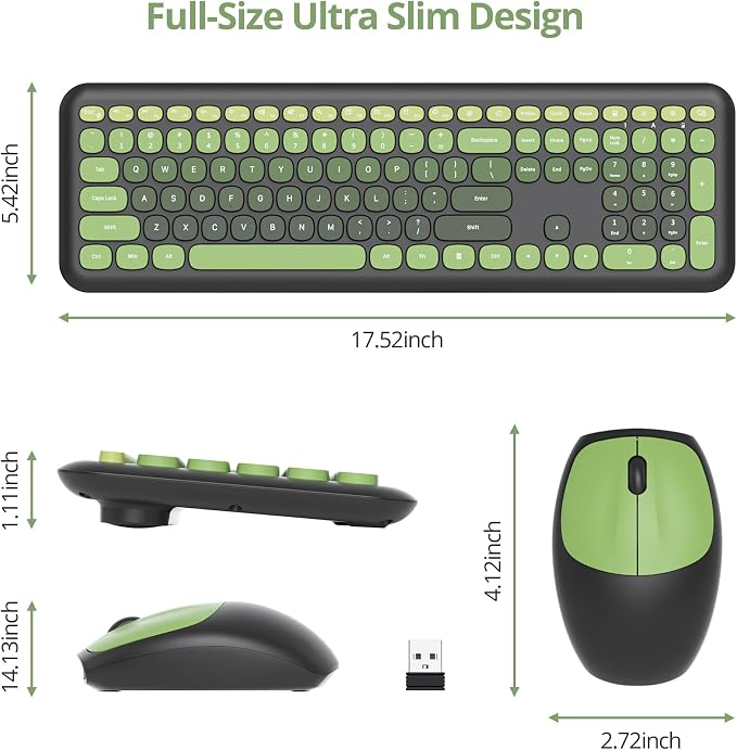 Surmen Dark Green Keyboard and Mouse Wireless Quiet, Full-Size Girly Cute Keyboard Mouse Retro Typewriter Low-Noise 2.4GHz for Computer, Desktop, Laptop (6-Black Green) - Image 6