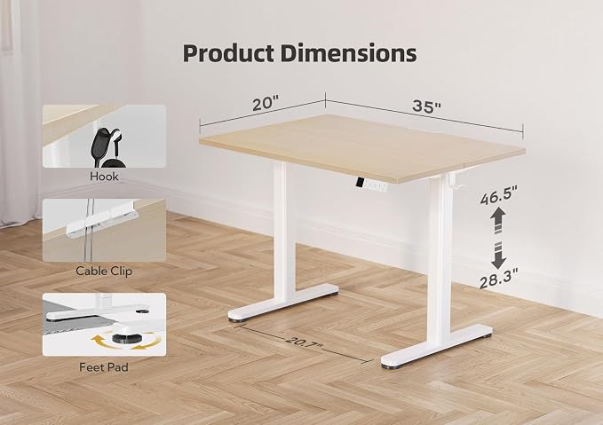 Claiks Electric Height Adjustable Standing Desk, 35x20 Inch, Nature | Smooth Height Adjustment, 3 Memory Presets, Cable Management Hub&Hook, Stable Steel Frame, 176lbs Capacity, Easy Assembly - Image 3