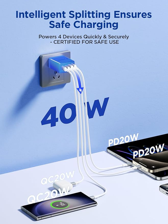 USB C Charger Block, 40W 4-Port Fast Charger 20W Type C Charging Block 3.1A USB Wall Charger Dual Port PD+QC Charging Cube for iPhone 16 15 14 13 12 Pro Max XS, iPad, Samsung Phone (Blue) - Image 2