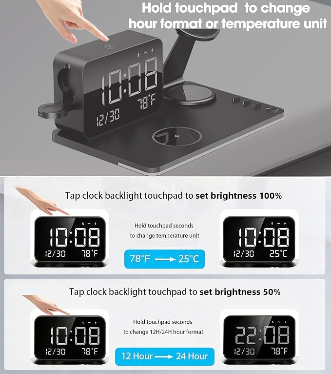 7-in-1 Magnetic Wireless Charging Station with Digital Clock & LED Lamp | 65W Power Adapter, 25W Fast Charging, 6-Device Charging Hub, Rotatable Stand, Bluetooth TimeSync, Qi Magsafe Compatible - Image 10