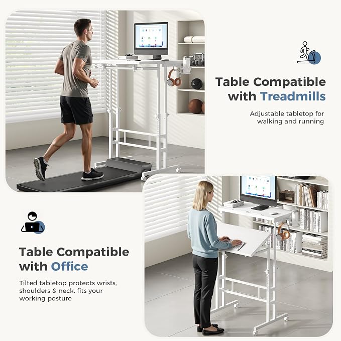 DUMOS Rolling Standing Desk, Sit Stand Desk, Computer Cart | Manual Height Adjustable, Split Top Mobile, Laptop Workstation, Portable Home Office, Walking Pad Study Surface, Modern White - Image 5