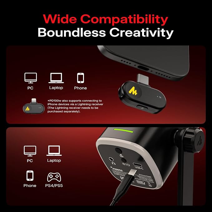 MAONO PD100W Wireless Dynamic Gaming Microphone for PC with USB-C Receiver | One-Click Noise Reduction,Custom RGB,Mute,Monitoring, Companion App,Wireless Desktop Mic for Creator, Stream, Podcast, Black - Image 3