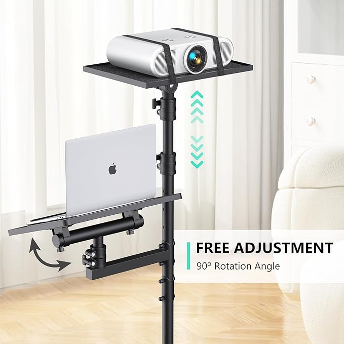 Projector Stand Tripod: 2 Shelves Mobile Laptop Cart Adjustable Height 45 to 64 Inches, Rolling Laptop Stand Cart with Ventilated Tray, Projector Tripod Stand on Wheels for Couch, Bedside, Meeting - Image 3