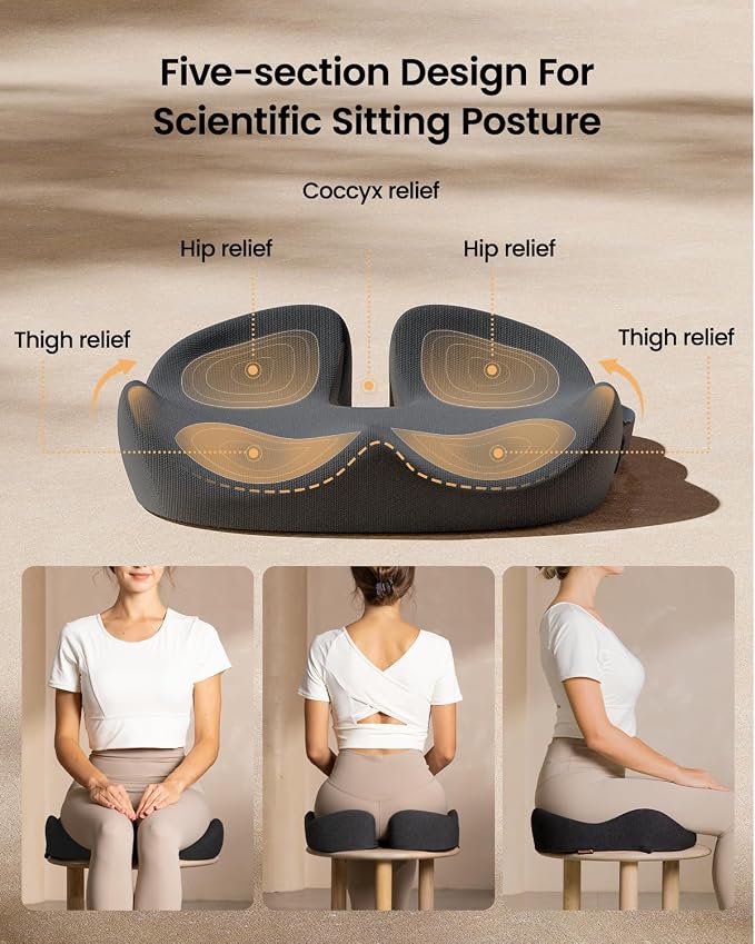 ProtoArc Seat Cushion, Office Chair Cushion for Sciatica, Dark Gray | Coccyx Cushion, Ergonomic Memory Foam Seat Cushion for Car, Home, Pressure Relief Pad for Hip, Tailbone, All Day Comfort - Image 4