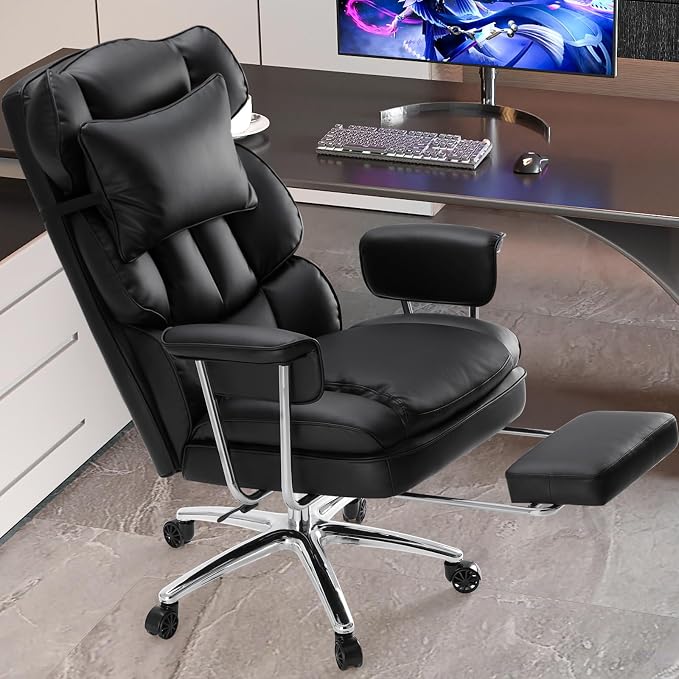 DUMOS Ergonomic Home Office Desk Chair, Executive Chair, PU Leather | Big Tall High Back, Lumbar Support, Reclining Height Adjustable, Computer Gaming, Footrest Swivel Wheels, Black - Image 9