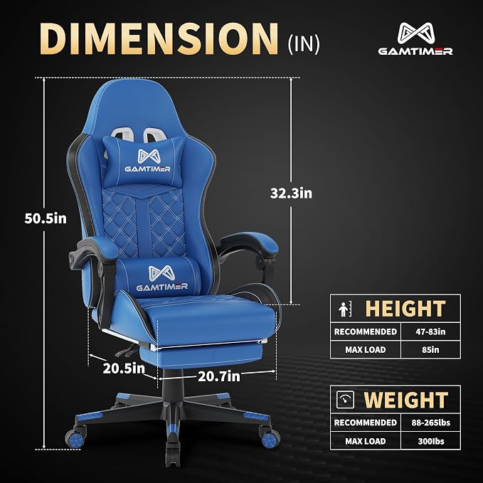 Gamtimer Gaming Chair, 400 LB Weight Capacity,with Pocket Spring Cushion | Ergonomic Backrest Office Chair,Leather, with Headrest and Lumbar Support, Footrest, Suitable for Adults(Blue) - Image 3