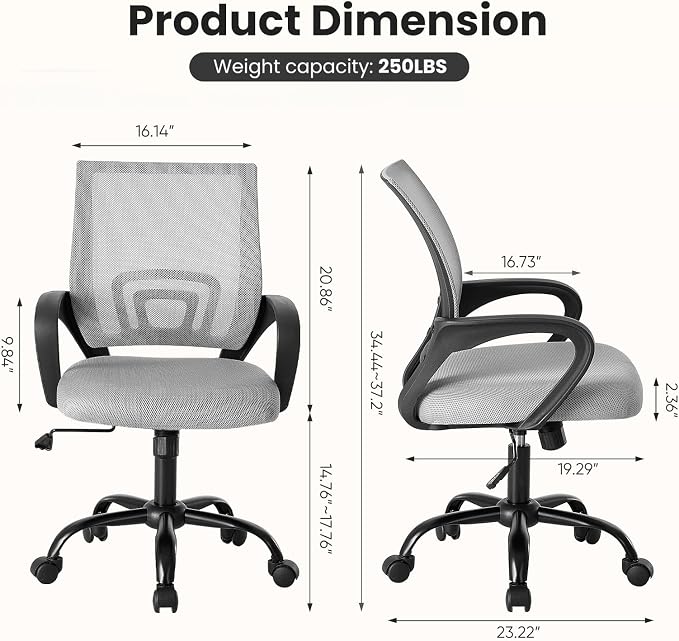 DUMOS Ergonomic Office Chair, Executive Desk Chair with Lumbar Support | Mid Back, Breathable Backrest, Fixed Armrest, Height Adjustable, 360° Swivel, Computer Gaming, Meeting, Grey - Image 2