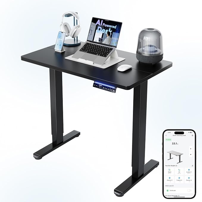 HUANUO AI-Powered Smart Electric Standing Desk, 32 Inch, Black | AI App & Voice Control via Alexa, Google Assistant & Siri Shortcuts, 28.3–46.5-Inch Height, Compact 32-Inch Desk, 3 Settings by HUANUO