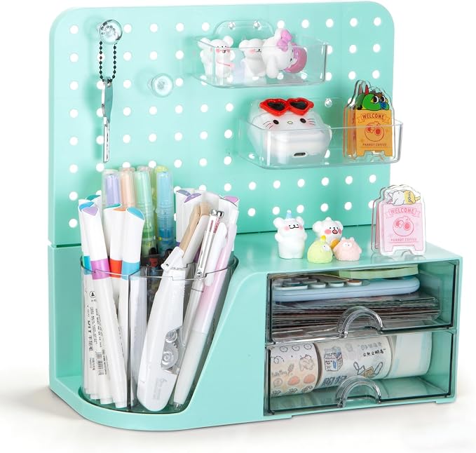 Comix Desk Organizer with 2 Drawer, Green 360° Rotating Pen Holder for Desk | Desk Organizers and Accessories with 5 Slots Pencil Holder+Pegboard+Drawer, Pen Organizer for Home School Art Office Supplies by Comix