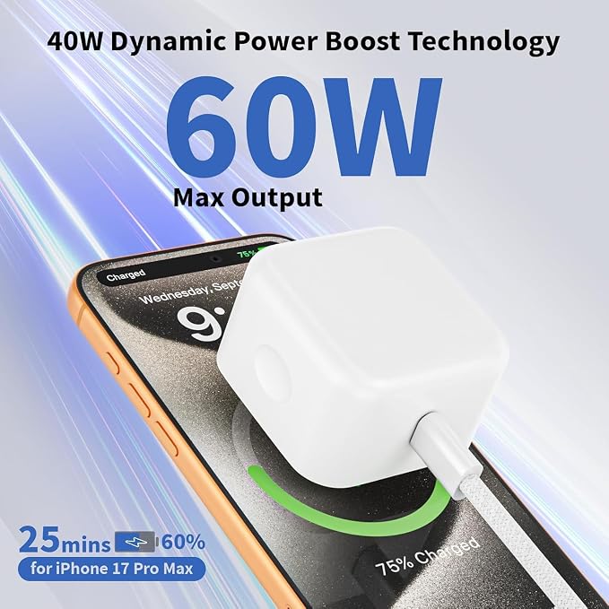 USB C Charger Block,[2 Pack] Foldable 40W USBC Dynamic Adapter with 60W Max | Fast Charging,iPhone USB C Wall Charger Block,Compatible with iPhone 17/17 Air/17 Pro/16/16 Plus/16 Pro Max/15/15 Pro,iPad - Image 2