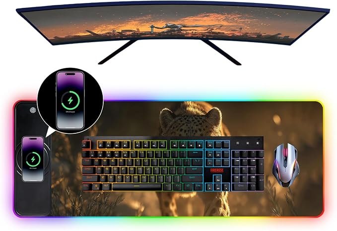 Wireless Charging RGB Gaming Mouse Pad, 31.5 x 11.8 Inch Extended Mouse Mat with Wild Leopard Design, LED Desk Pad with 7 Lighting Modes, Non-Slip Base for Gaming & Office - Image 4