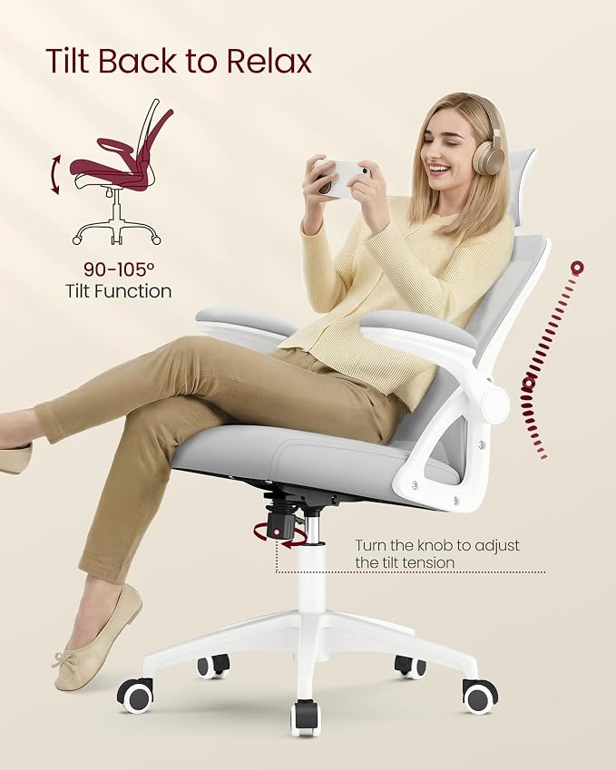 VASAGLE Office Chair, Adjustable Mesh with Lumbar Support and Headrest | Ergonomic desk chair, 90-105° tilt function, wide seat, flip-up armrests, Dove Gray UOBN044GD01S - Image 7