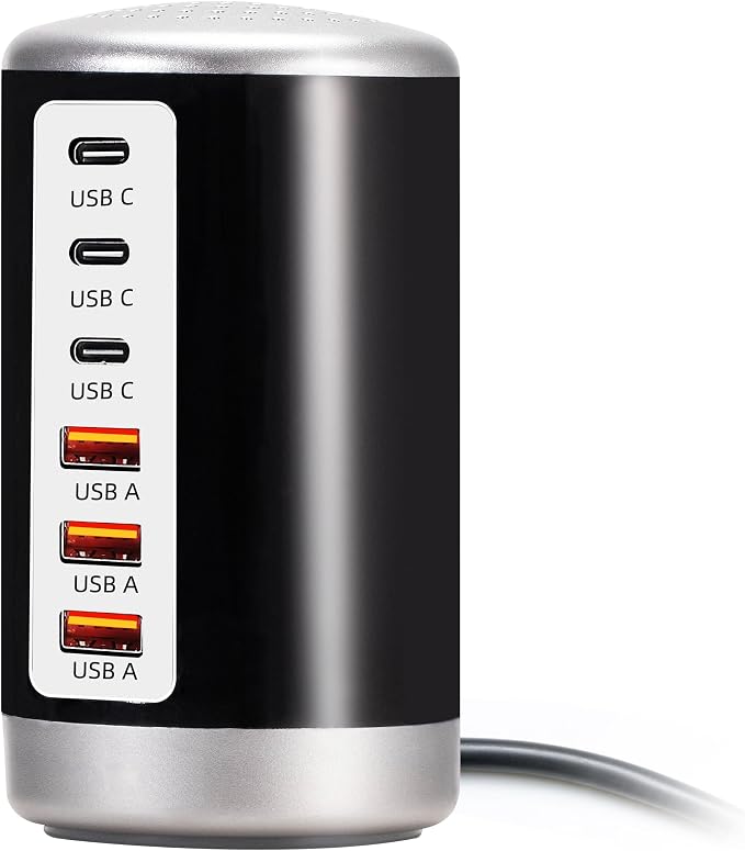 60W USB Charging Station, 6-Port (3 USB-A & 3 USB-C) Compatible with iPhone 15/14/13/12/11, Tablets, Smartphones Black by Improveyourqualityoflife