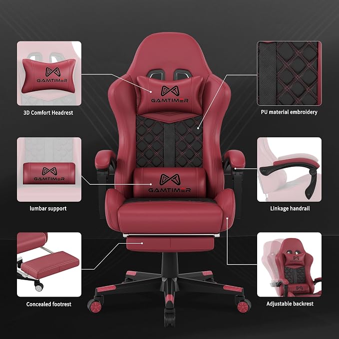 Gaming Chair,Computer Chair with Footrest and Lumbar Support,Breathable PU Leather,4D Lumbar Support and Headrest,360 Degree Swivel Chair with Adjustable Ergonomic Backrest for Adults(RED) | Ergonomic Backrest Office Chair,Leather, with Headrest and Lu... - Image 4