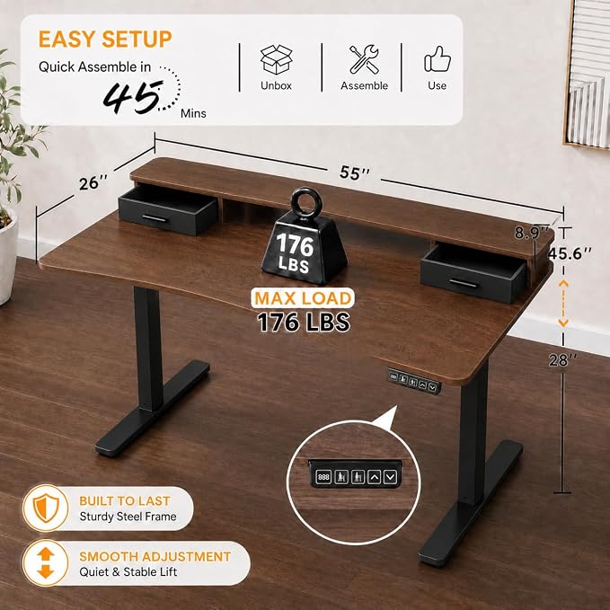 Grandder Electric Standing Desk with Two Drawers, Curved Sit to Stand Up Height Adjustable Desk with Storage Shelf for Home Office, 55 * 26 Inch, Study, Ergonomic Adjustable Computer Desk, Walnut - Image 5