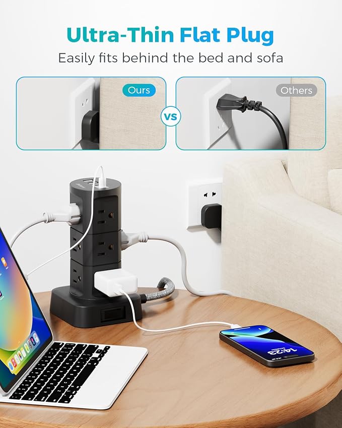 Charging Station Tower, 10Ft Power Strips with Surge Protection, Flat Plug | 12 Outlets 4 USB Ports, 1875W/15A 1080J Extension Cord with Multiple Outlets, Office Desk Supplies, Dorm Essentials - Image 2
