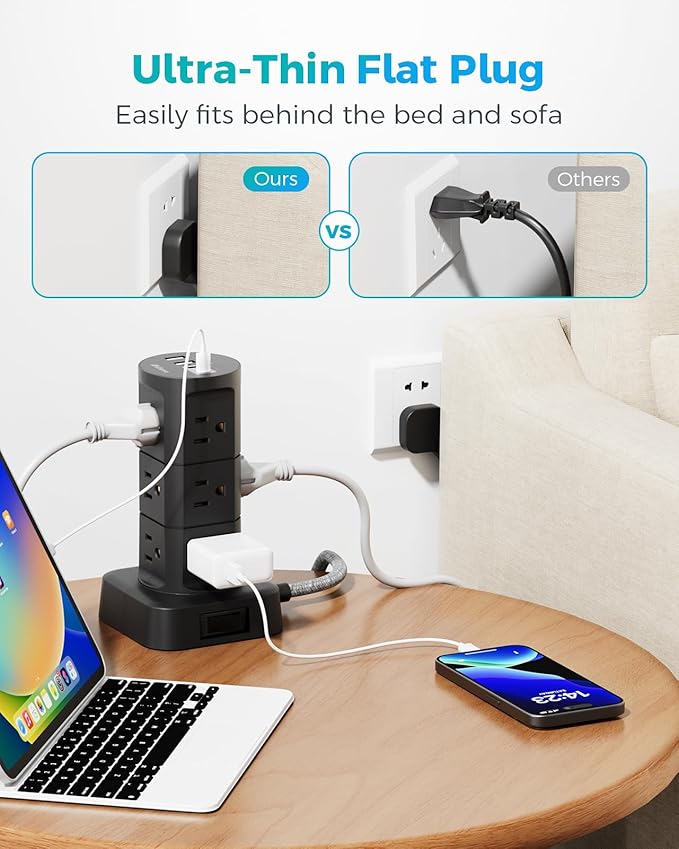 Charging Station Tower, Power Strips with Surge Protection, Flat Plug | Office Desk Supplies, Dorm Essentials, 6Ft Extension Cord with Multiple Outlets, 12 Outlets 4 USB Ports, 1875W/15A 1080J - Image 2
