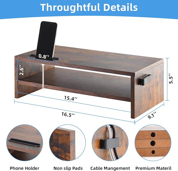 Marbrasse Wood Monitor Stand Riser, Computer Printer Shelf Stand，Vintage | 2 Tier Laptop Computer Screen Storage, Desktop Stand with Phone Holder and Cable Management - Image 2