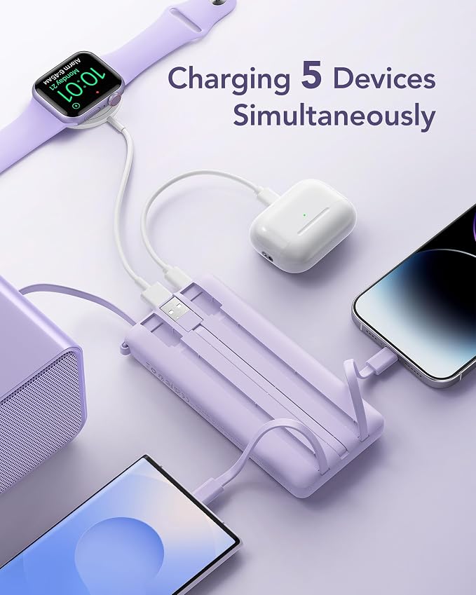 VRURC Portable Charger Built in 4 Cables, 10000mAh Power Bank | Battery Pack Travel Essentials, 5 Outputs 2 Inputs Slim Phone Charging Bank Lavender(1 Pack) - Image 5