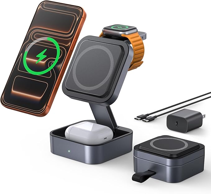 3 in 1 Wireless Charging Station for Apple Multiple Device, MagSafe Charger | Foldable Travel Compact, Charger Stand with 20W PD Adapter for iPhone 17/16/15/14/13, Apple Watch, AirPods Pro/4 - Space Grey by Unknown