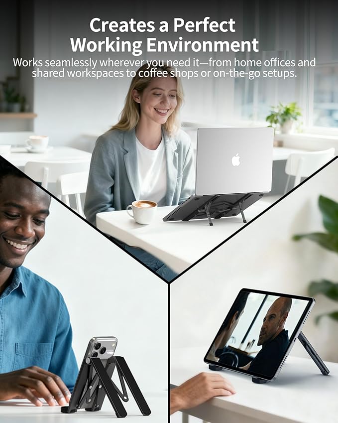 2025 Foldable Laptop Stand for Desk - Bi-fold Ergonomic Spring Adjustable Computer Holder, 3 in 1 Metal Portable Laptop Stand for Notebook, Phone, Tablet,10-16", Desk & Travel Use - Image 6