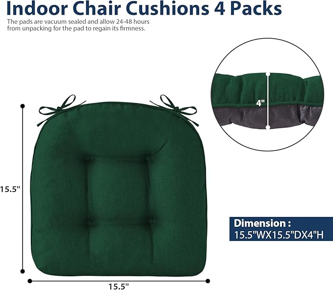 IASEAHK Chair Cushions for Dining Chairs, 15.5" x 15.5" x 4", Dark Green | Set of 4, Tufted Foam, Non Slip, With Ties, Machine Washable,Seat Cushions for Indoor&Kitchen&Dining Room - Image 2
