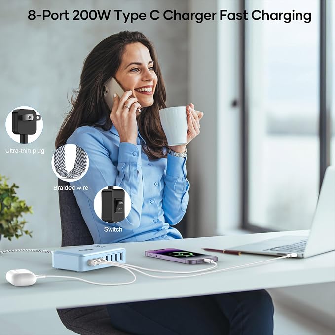 8-Port Multi Charging Stations 200W with Flat Plug, Braided Power Cord, and On/Off Switch- USB Charging Hub for iPhone, iPad, MacBook and More- 65W C Port Power Adapter for Laptops - Image 7