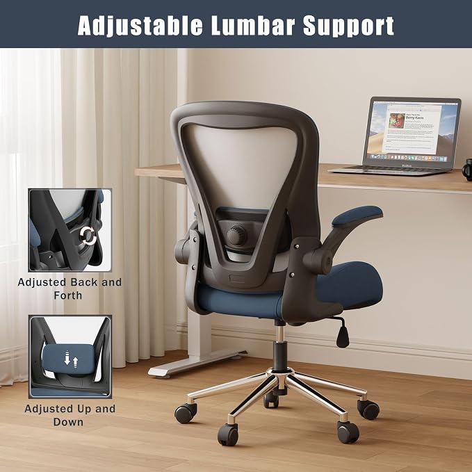 Blue Ergonomic Office Desk Chair, Soft Fabric Thickened Curved seat Cushion with Adjustable Lumbar Support, Perfect Blend of Comfort and Good Looks, Ideal Chair for Home or Office, Navy Blue - Image 4