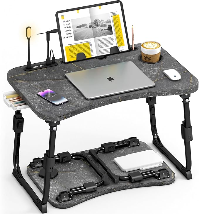 Lap Desk for Bed Adjustable Height, Foldable Bed Table with Storage Drawer, Tablet Slot & Cup Holder, Portable Laptop Stand for Bed & Sofa, Bed Desk for Adults & Kids, Deep Stone Color by OPKING