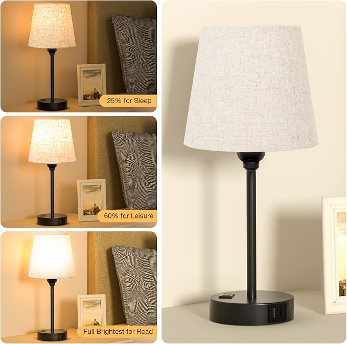 Bedside Table Lamps Set 2 for Bedroom - Dimmable Touch, USB C+A, AC Outlet | 14.5" Mini Lamp, 3-Way Dimmable, LED Bulbs Included, Trapezoid Barrel Fabric Lampshade, Nightstand Light for Guest Room, Kids - Image 3