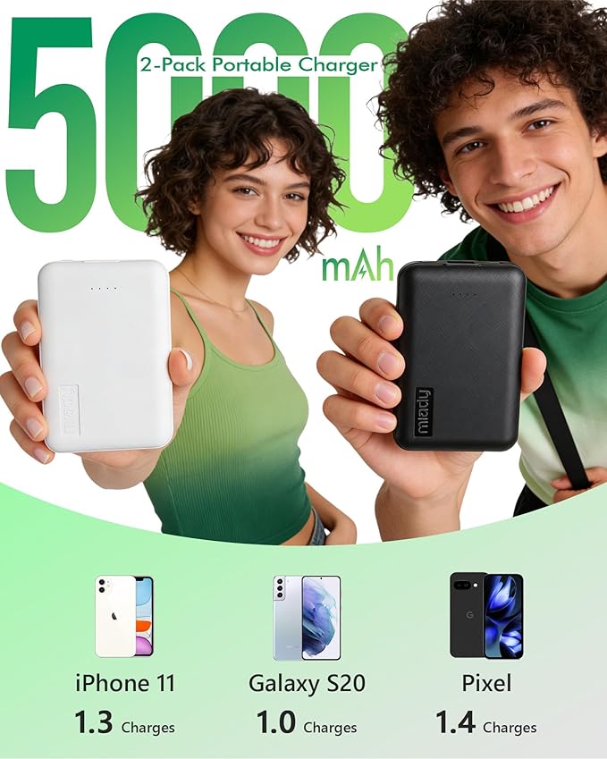 Miady 2-Pack Small Portable Charger 5000mAh Power Bank Travel Battery Pack 2 White | 5000mAh丨18.5Wh丨Type C in&Out丨Pocket Size丨Compatible with iPhone 17 Galaxy S24 Android etc丨Flight-Safe丨Lightweight丨White+White - Image 5