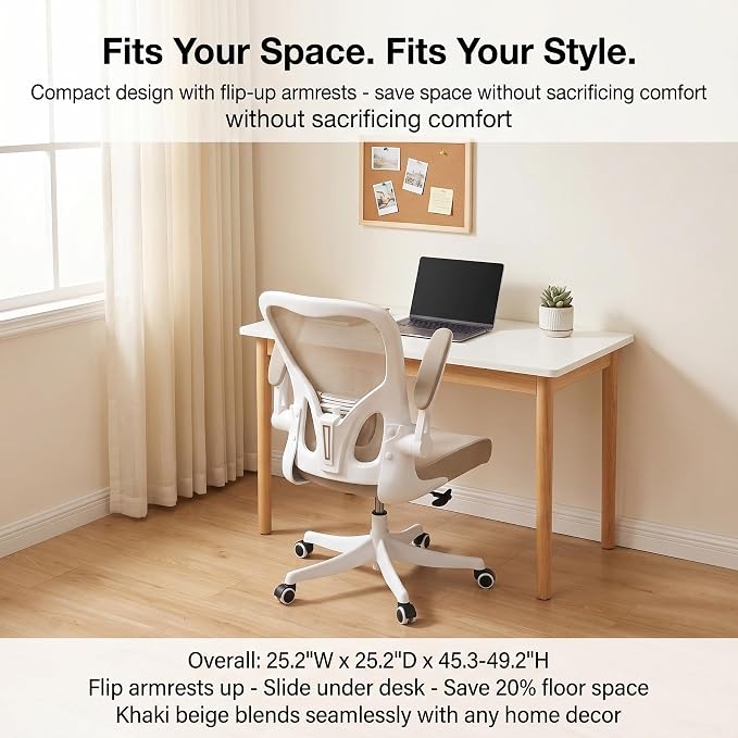 Monhey Ergonomic Office Desk Chair with Lumbar Support, High Back (Khaki) | 90°-125° Tilt Lock, 360° Swivel, Mute Wheels, High Back, Breathable Mesh, Foldable Armrests, Home Office Use - Image 7